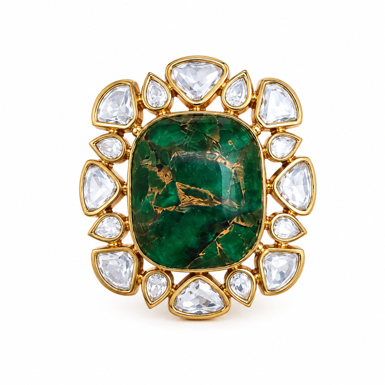 Emerald Green Statement Ring with Moissanite Polki Halo