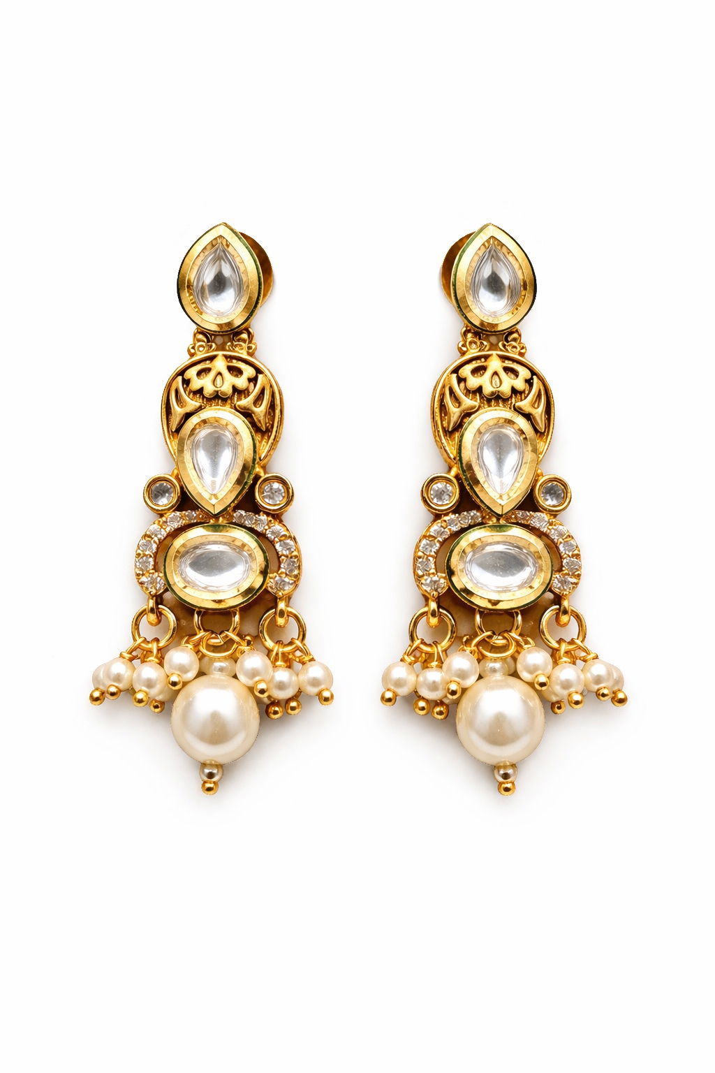 Antique Gold Polki Choker Necklace Set with Pearl Drops