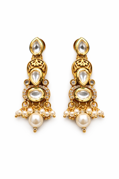 Antique Gold Polki Choker Necklace Set with Pearl Drops