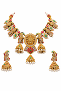 Premium Lakshmi Temple Necklace Set with Ruby, Emerald & Pearl Jhumkas