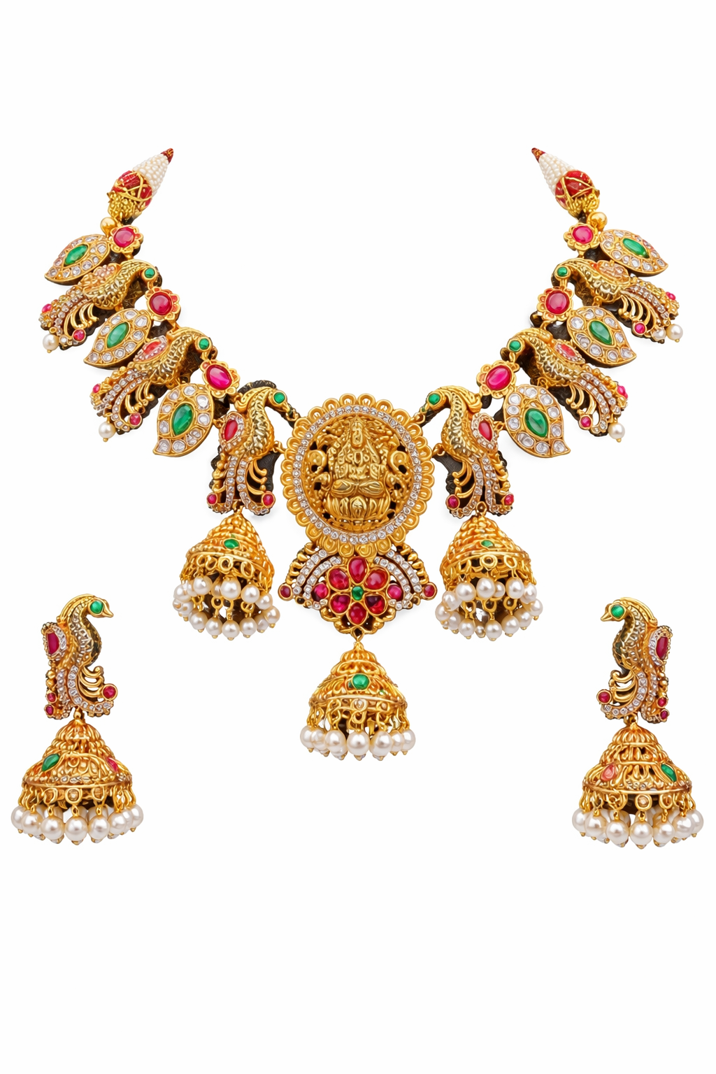 Premium Lakshmi Temple Necklace Set with Ruby, Emerald & Pearl Jhumkas