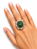 Emerald Green Statement Ring with Moissanite Polki Halo