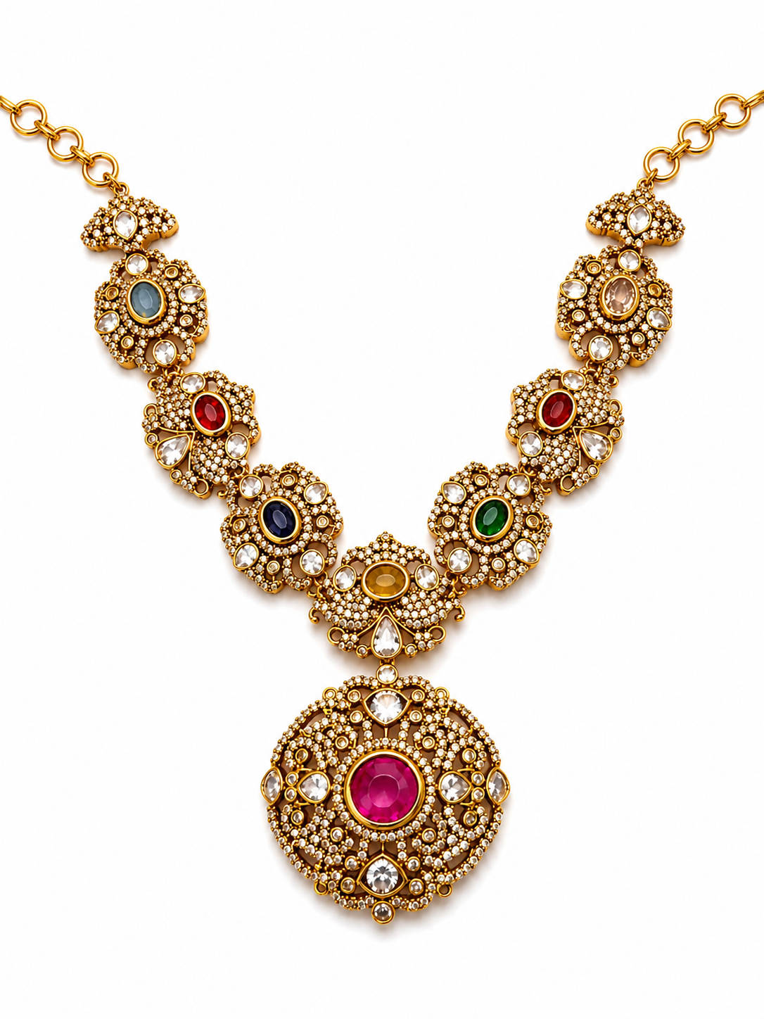 Navaratna Kundan Necklace with Moissanite Polki Pendant