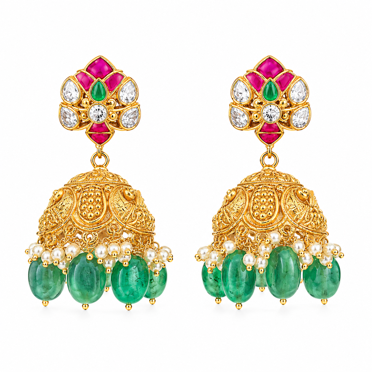Emerald Jhumka Earrings with Kundan & Pearl Accents