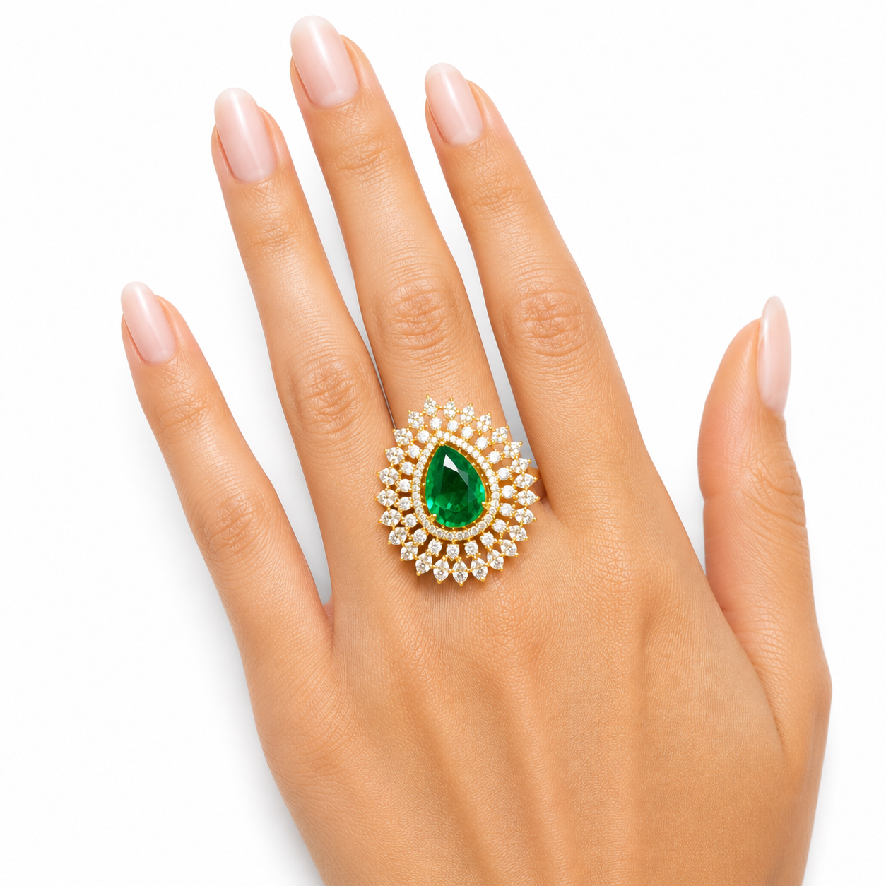 Emerald Teardrop Halo Statement Ring