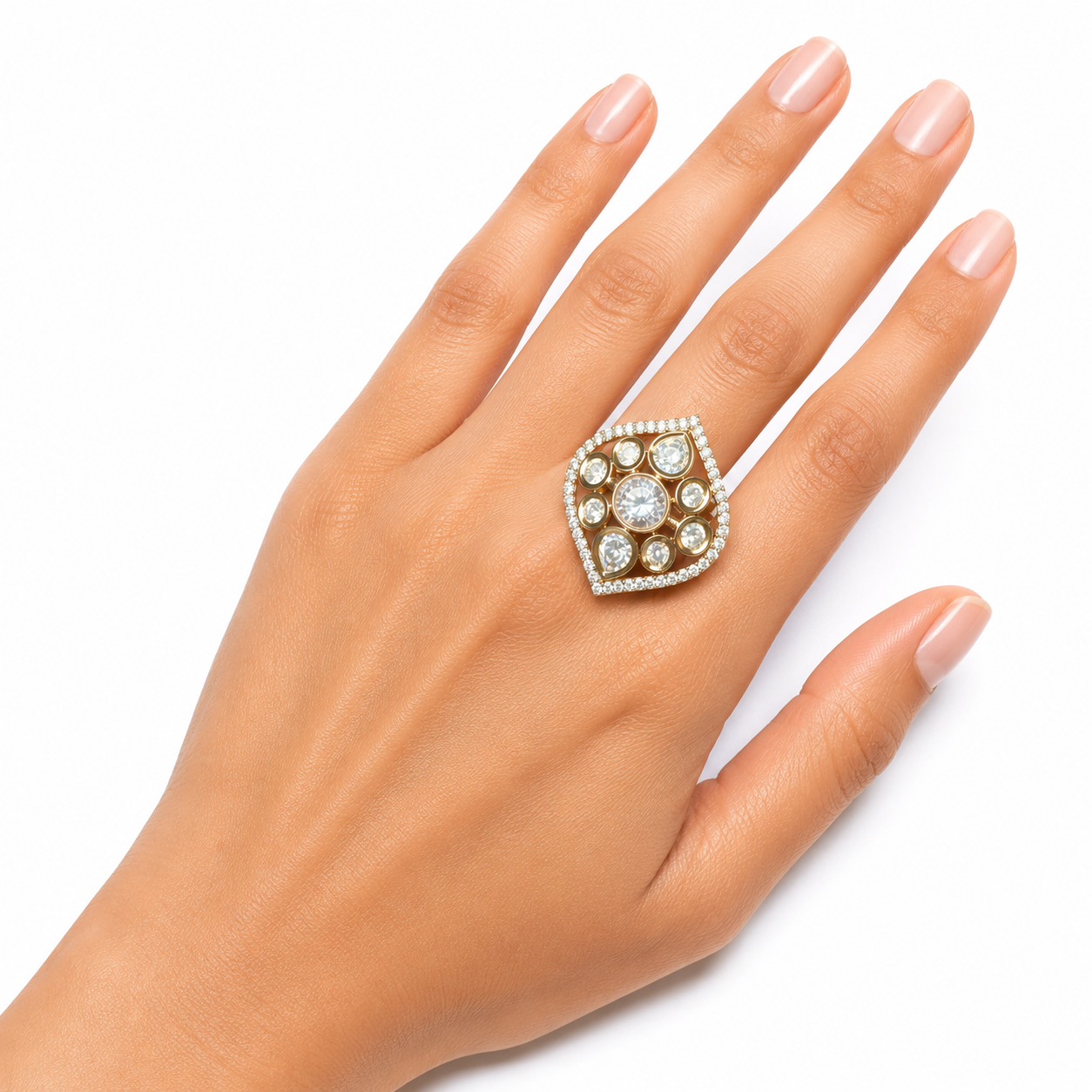 Moissanite Polki Shield Statement Ring
