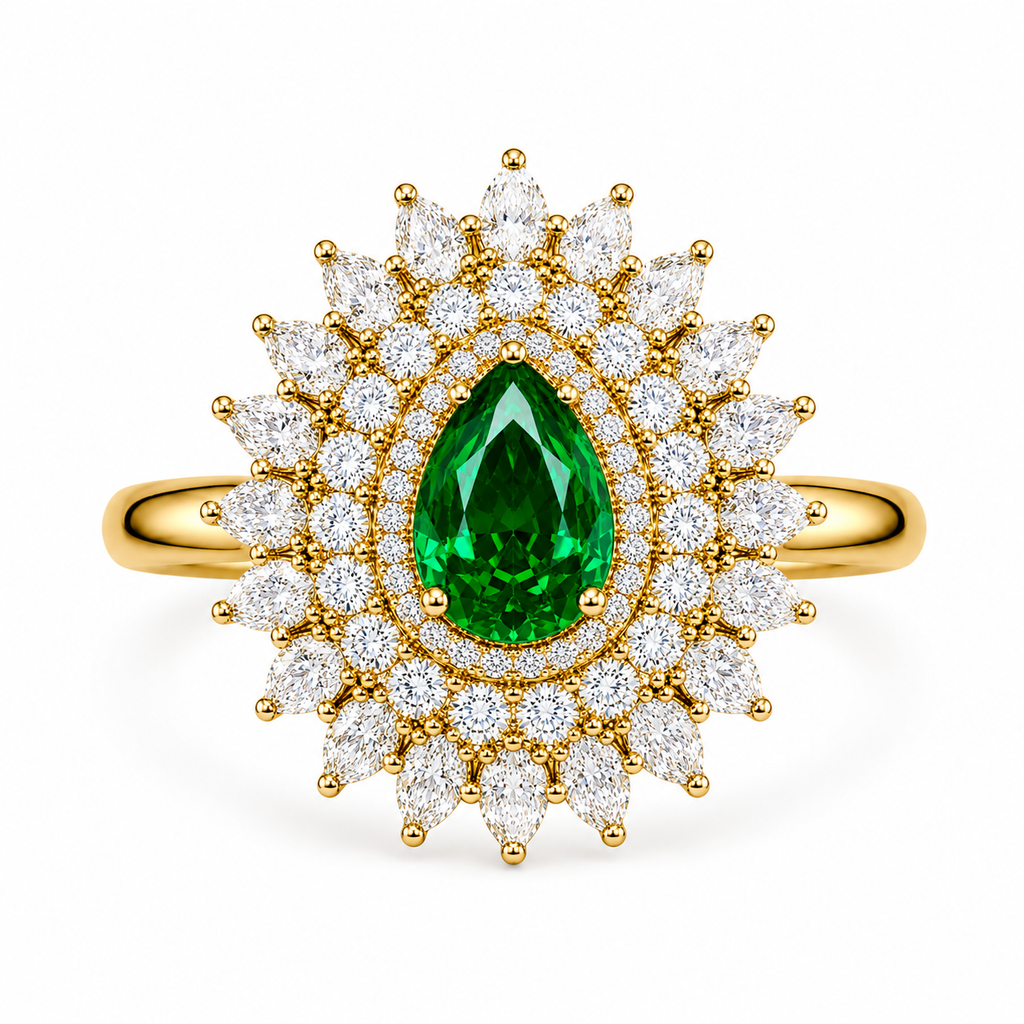 Emerald Teardrop Halo Statement Ring