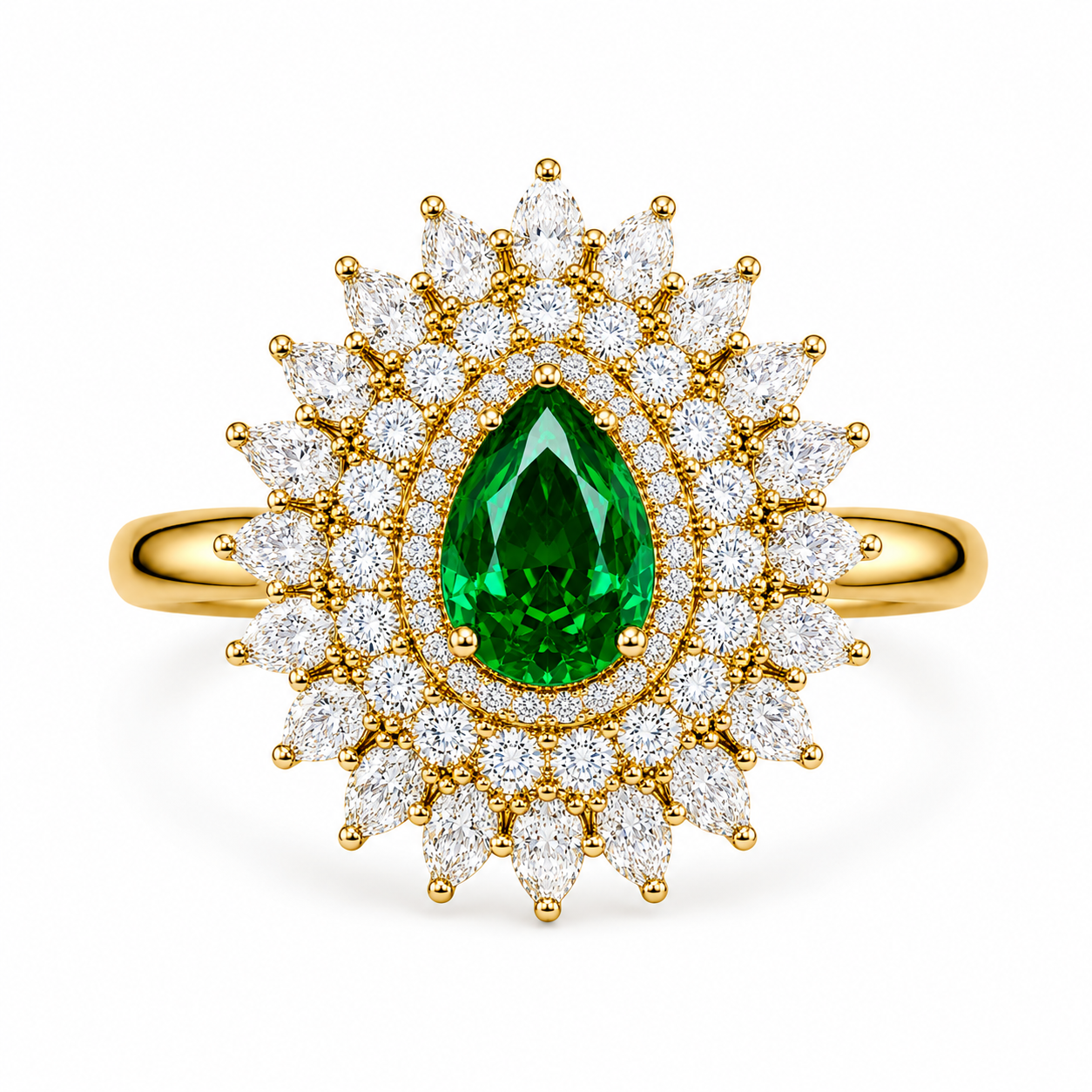 Emerald Teardrop Halo Statement Ring