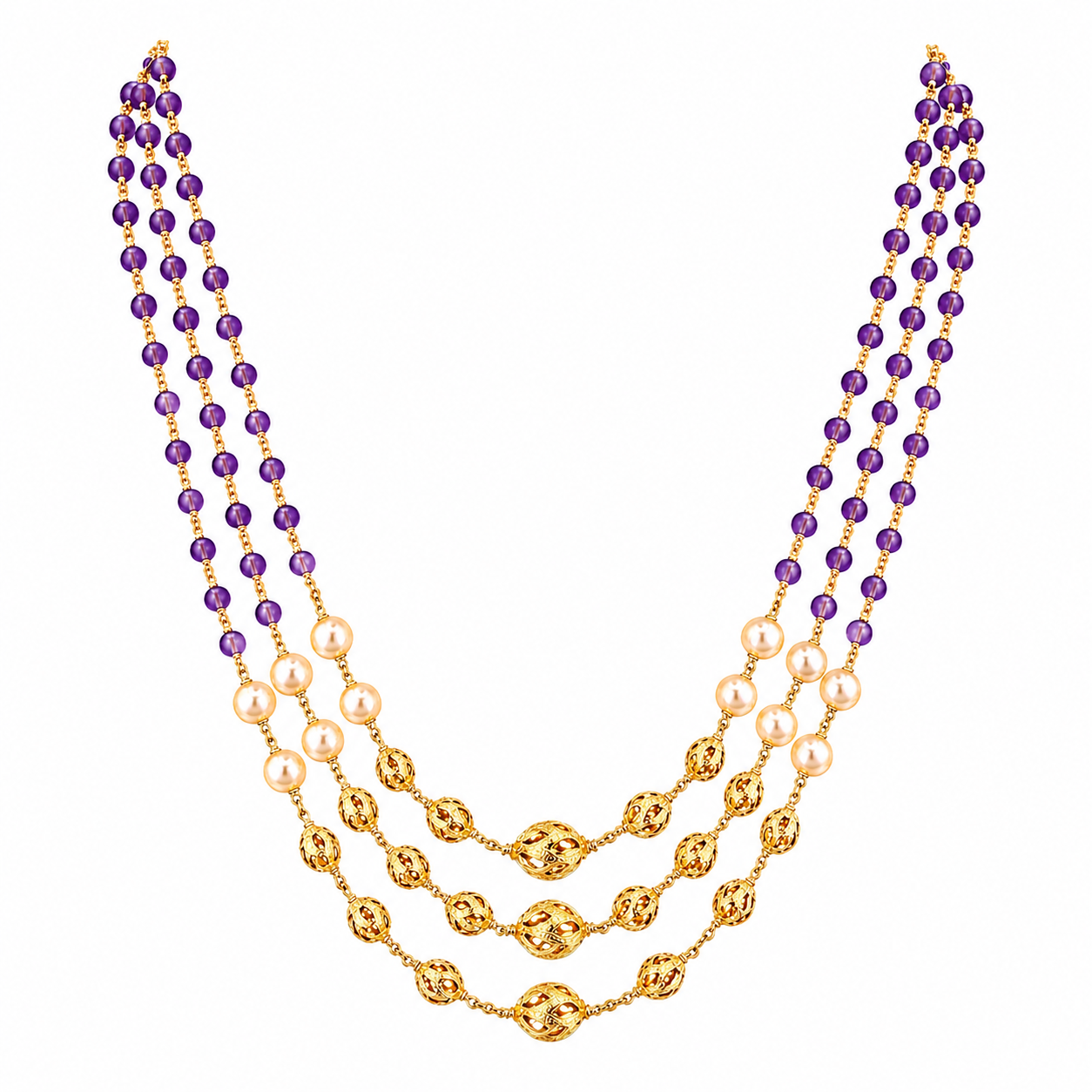 Royal Purple Beaded Multi-Layer Necklace with Pearl & Antique Gold Beads