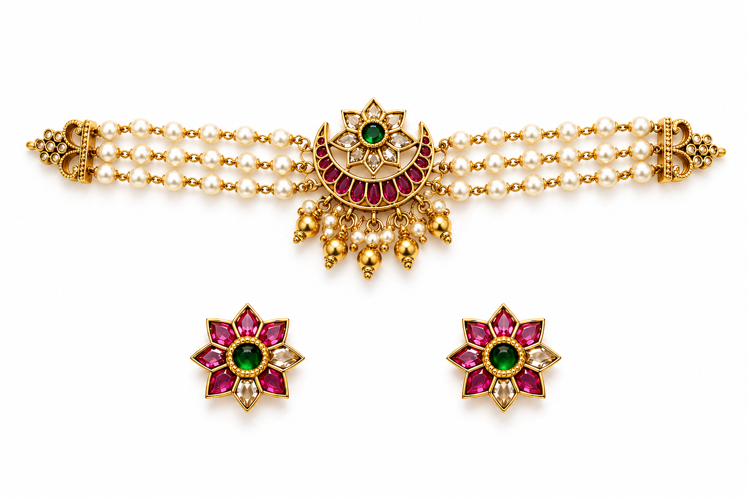 Traditional Pearl Choker Set with Ruby & Emerald Floral Design