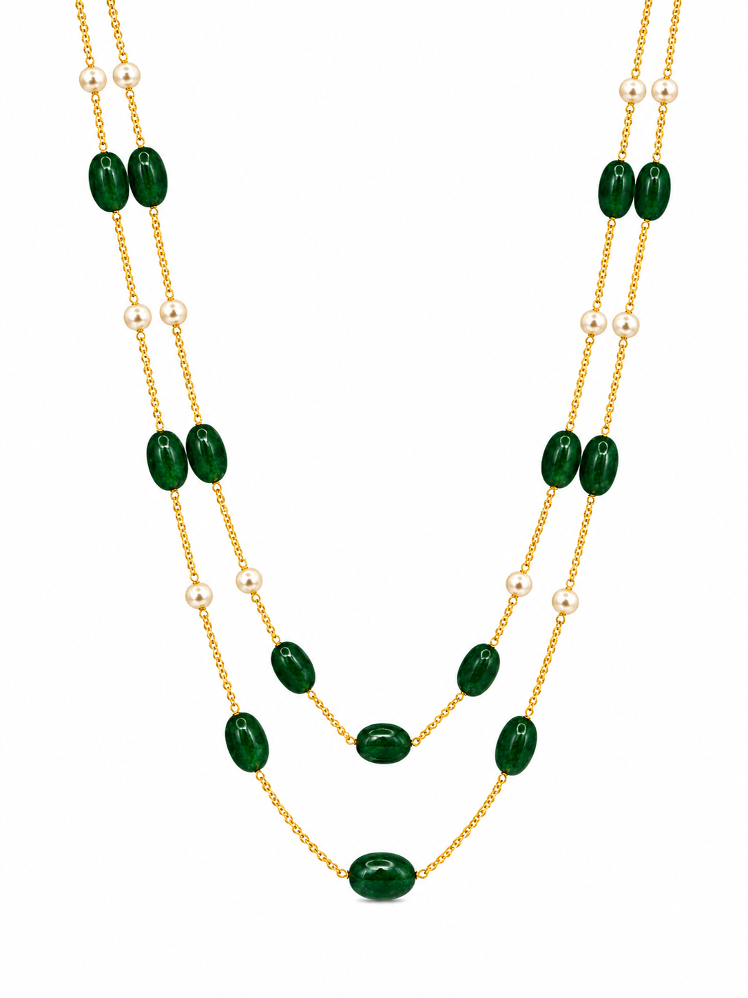 Elegant Green Beaded Double-Layer Necklace with Pearl Accents