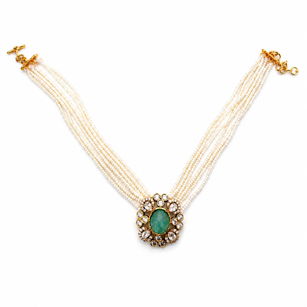 Elegant Multi-Layer Pearl Choker with Mint Green Carved Stone Pendant