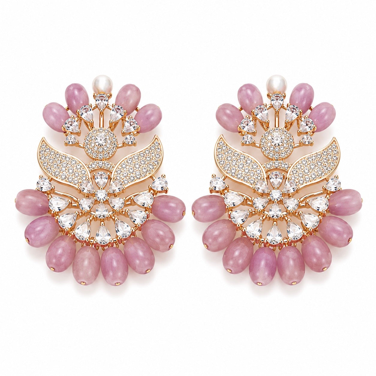 Blush Pink Floral Crystal Statement Earrings