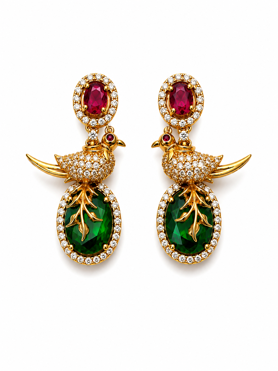 Bird Motif Emerald & Ruby Statement Earrings