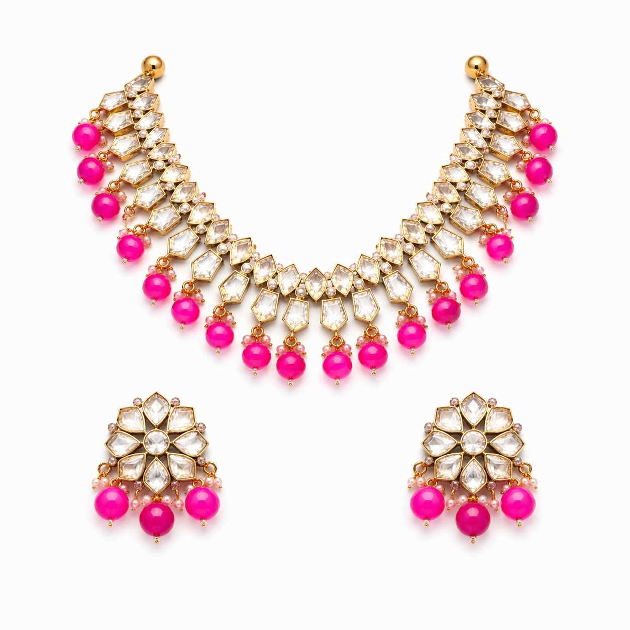 Pink Bead Polki Necklace Set with Matching Earrings