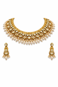 Antique Gold Polki Choker Necklace Set with Pearl Drops