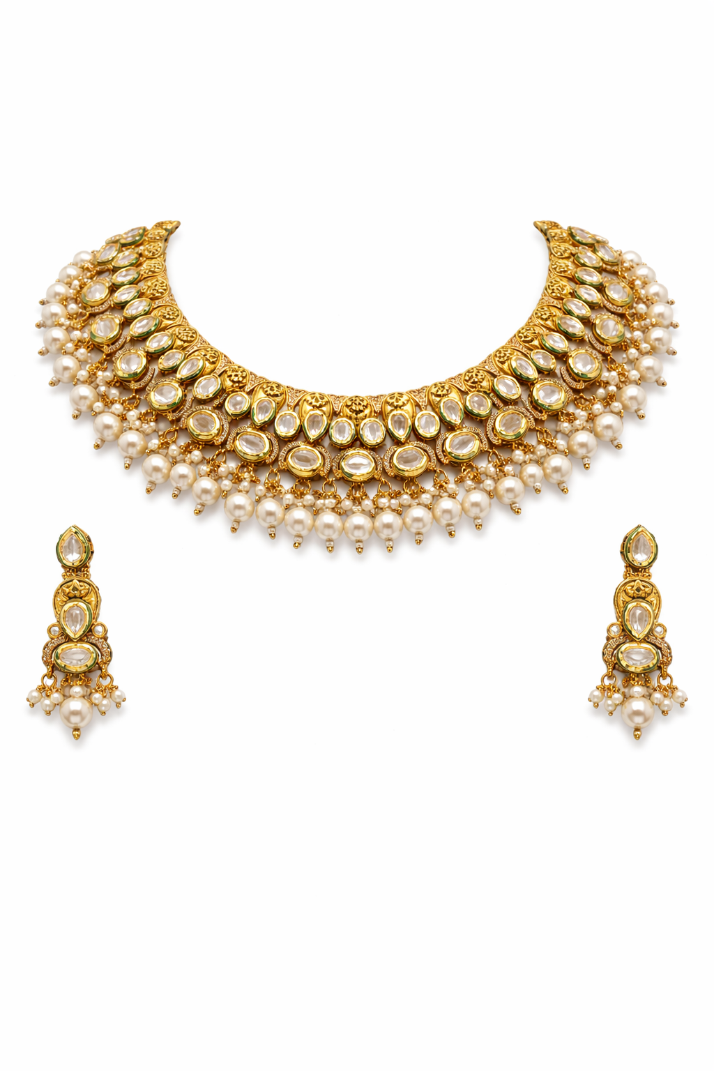 Antique Gold Polki Choker Necklace Set with Pearl Drops