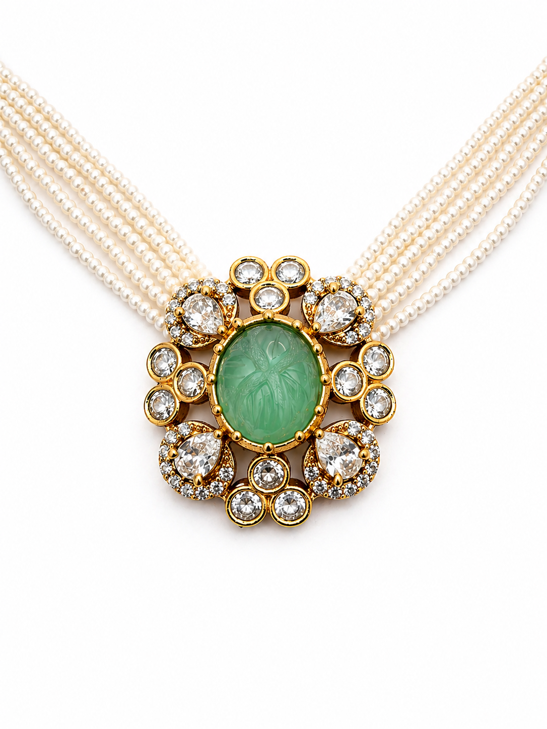 Elegant Multi-Layer Pearl Choker with Mint Green Carved Stone Pendant