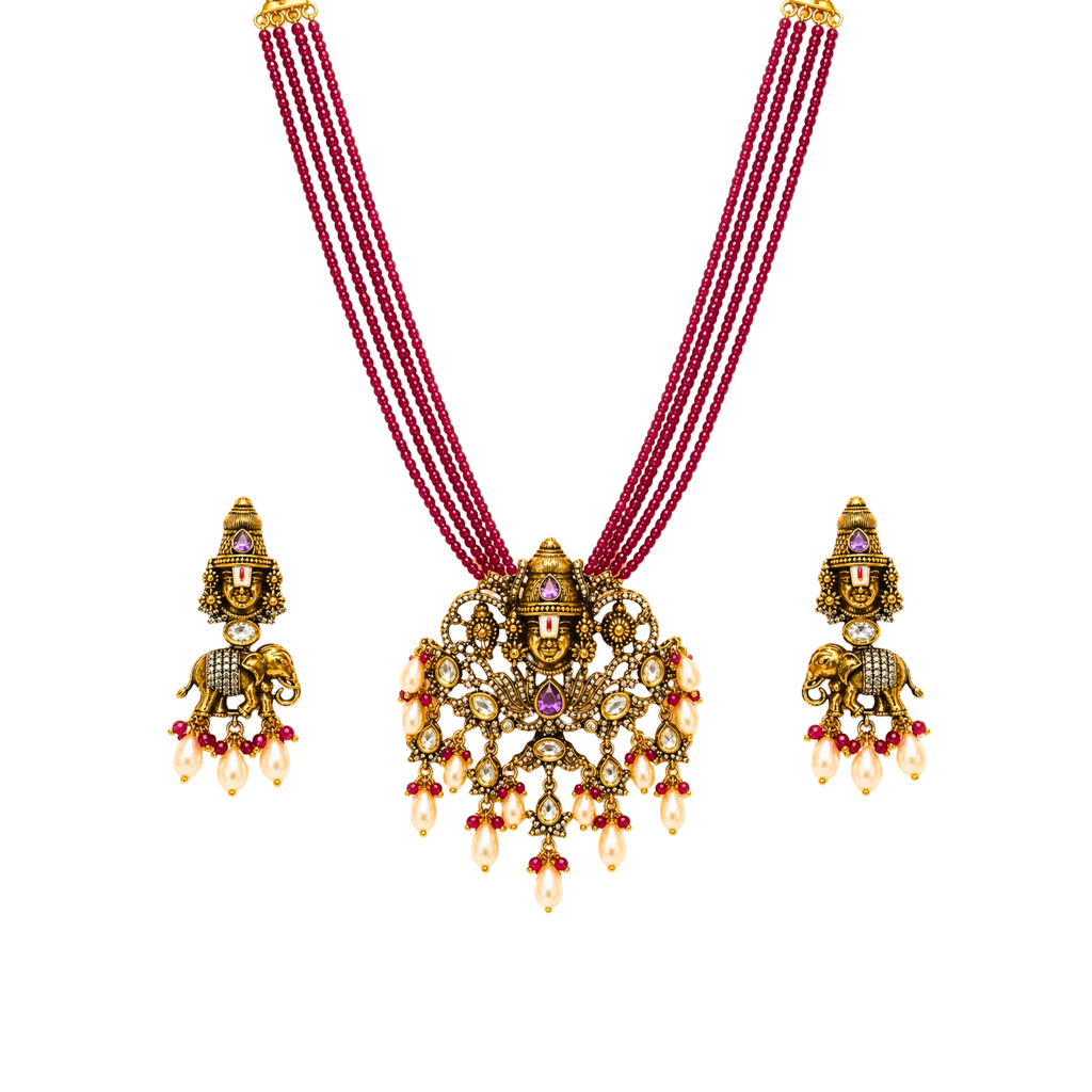 Temple Jewelry Balaji Pendant Necklace Set with Ruby Beads & Elephant Earrings