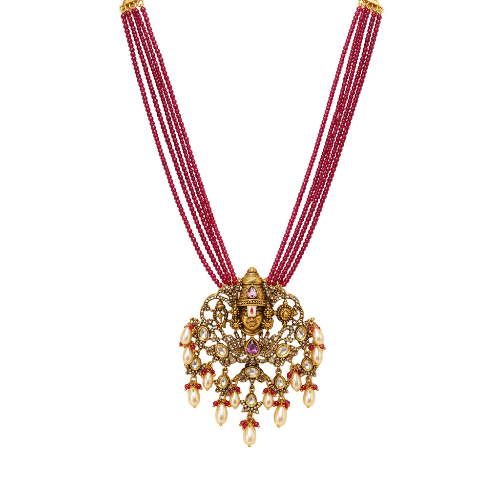 Temple Jewelry Balaji Pendant Necklace Set with Ruby Beads & Elephant Earrings