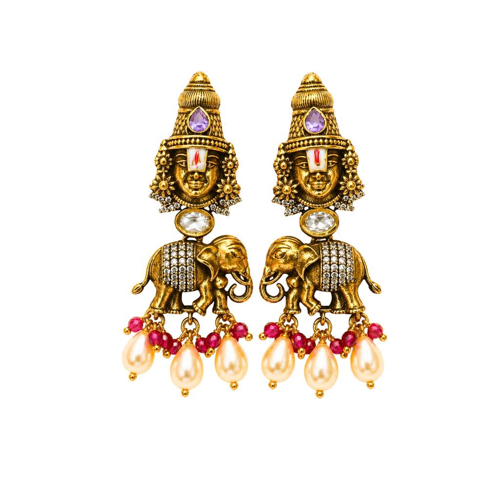 Temple Jewelry Balaji Pendant Necklace Set with Ruby Beads & Elephant Earrings
