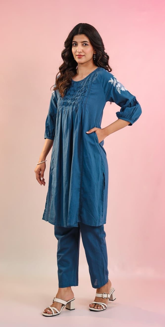 Powder Blue Cotton Kurta Pant Set with Lace Detailing