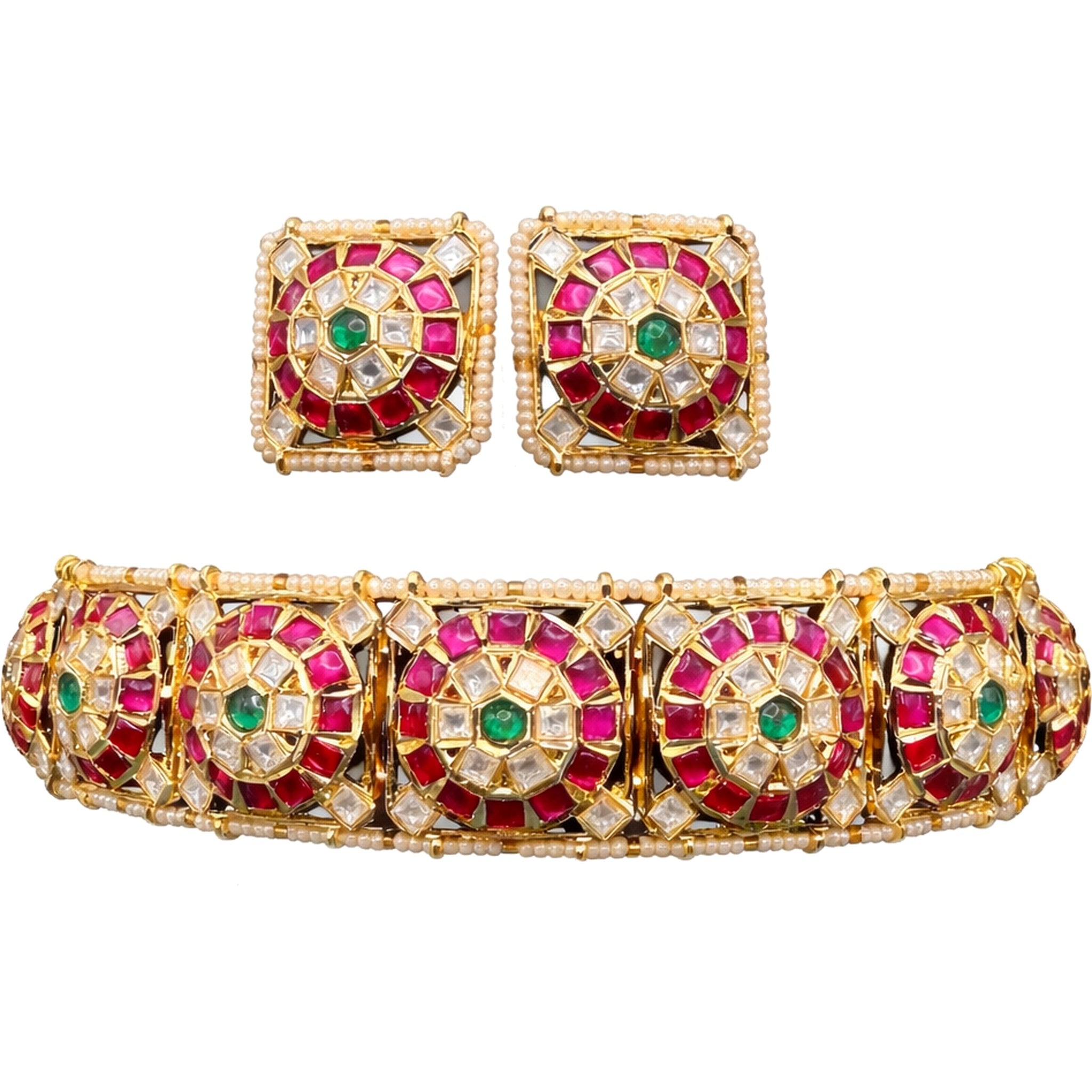 Antique Gold Kundan Square Choker Set with Ruby, Emerald & Pearl Accents