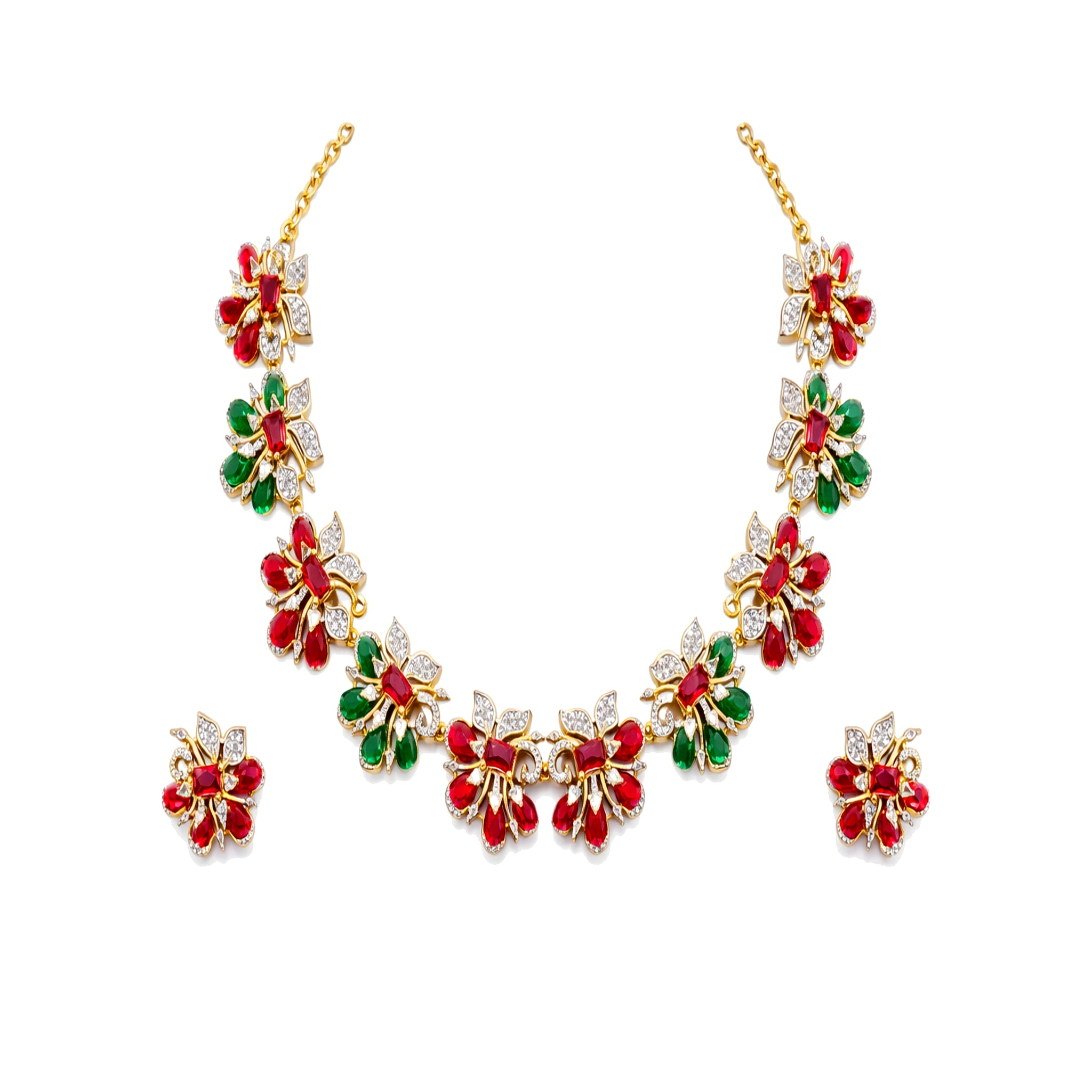 Antique Gold Floral Necklace Set with Ruby & Emerald Stones